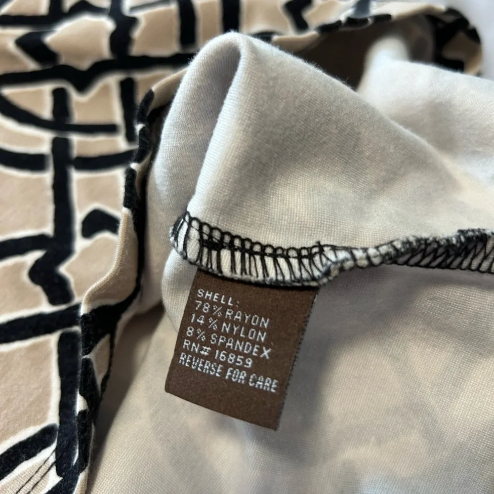 J McLaughlin Devon Ponte Knit Black & Tan Scribe Print Dress Size M